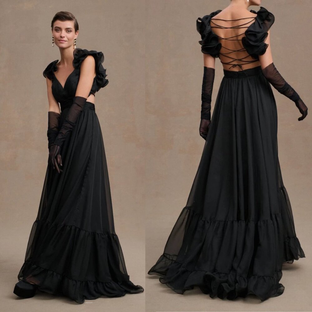 Mac Duggal 67911 Size 10 Black Indy Ruffle Corset Tiered Chiffon Gown Maxi Dress - Picture 2 of 4